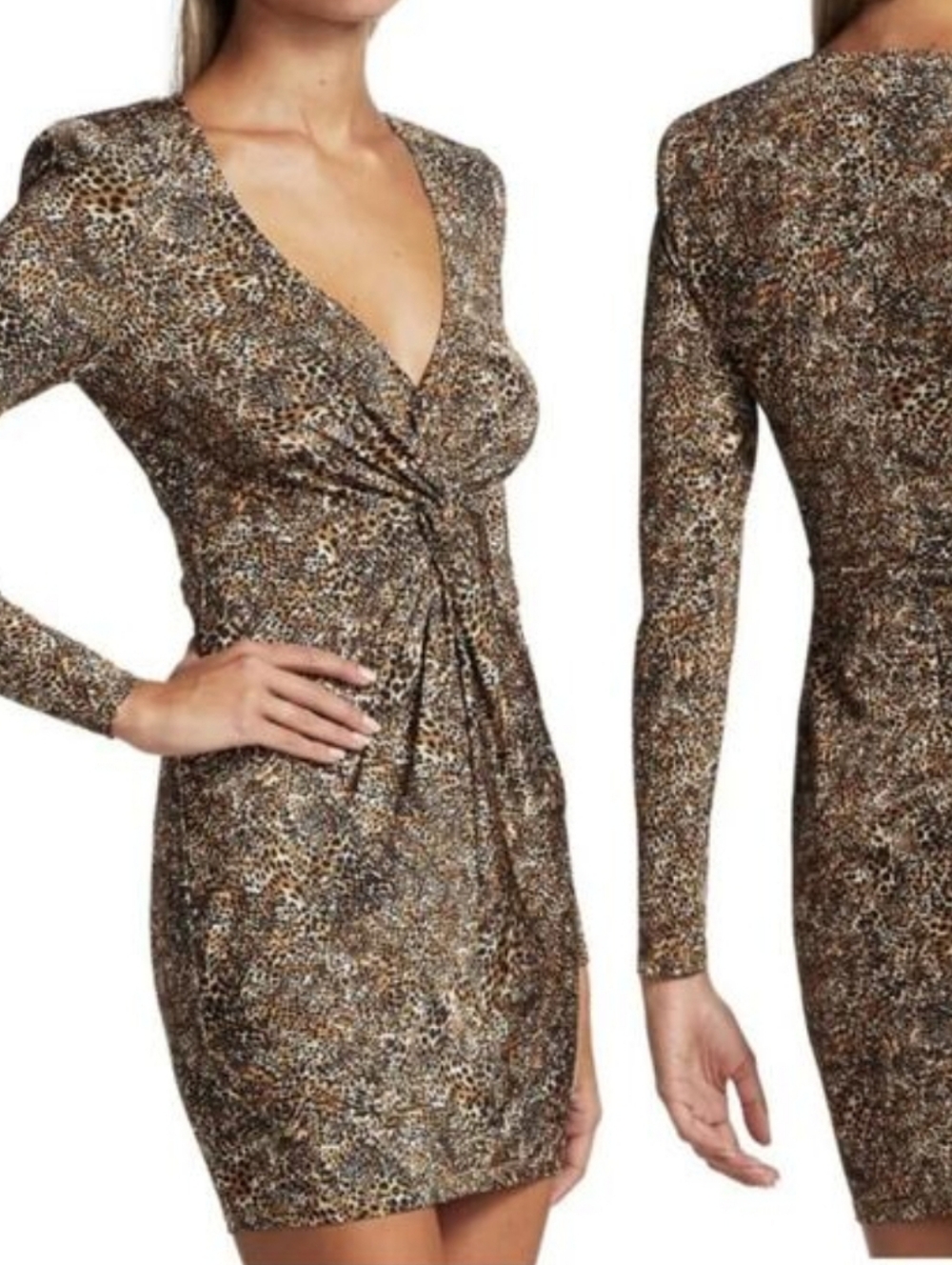 Leopard Twist-Front Long Sleeve Mini Dress - Brown